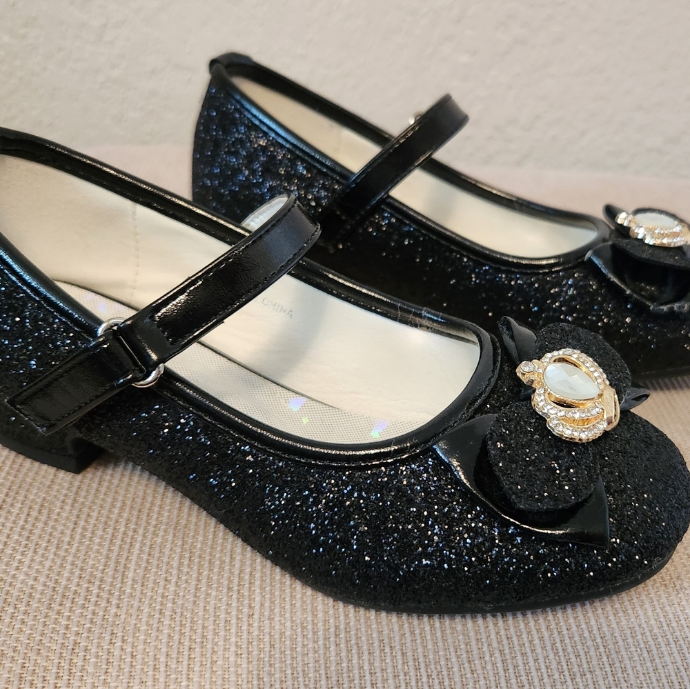 Stelle Big Girls Glitter Mary Jane Dress Shoes with Bow in Black,  Size 1
